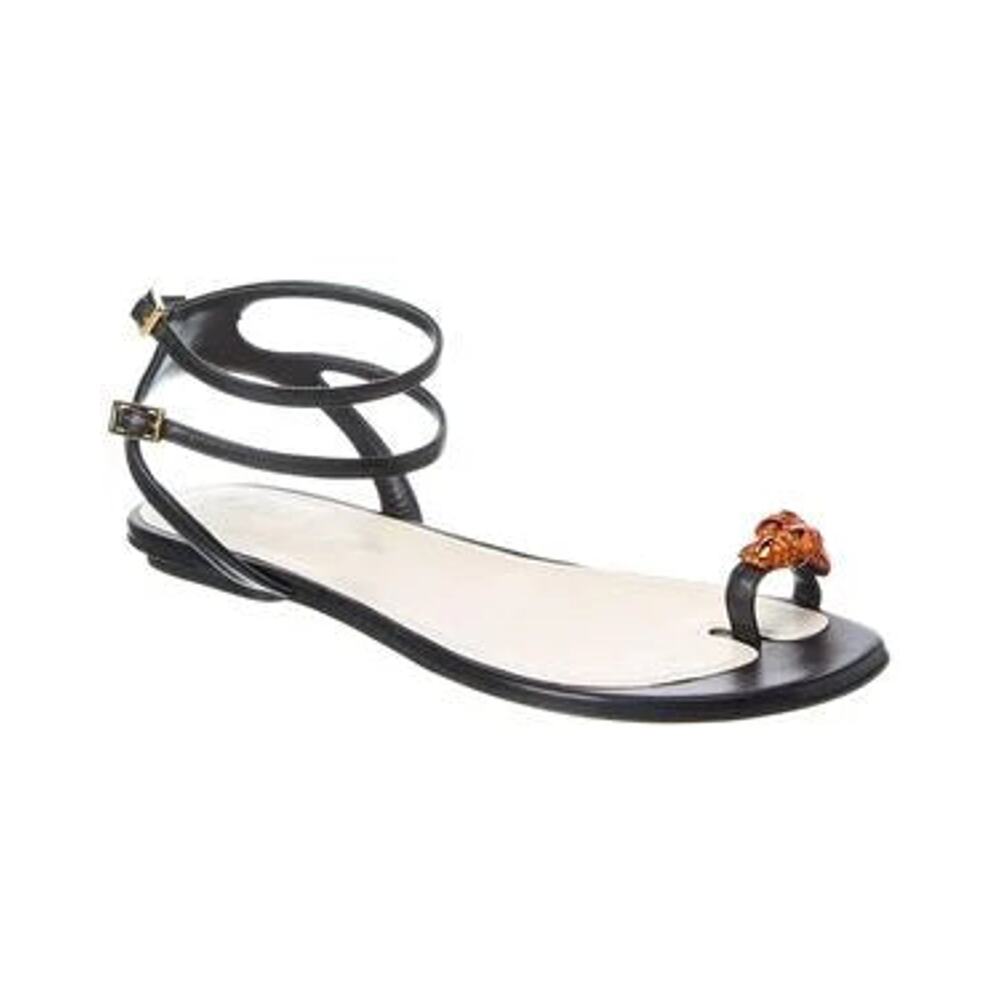 Lanvin Swing Melodie 45 Leather Ankle Strap Flat Sandal Black White Womens EU 36